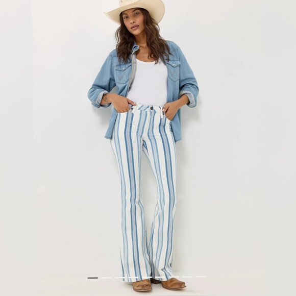 Wrangler Retro Bailey High Rise Flare Striped Jeans Blue White Denim Womens 9/10 - Picture 1 of 9
